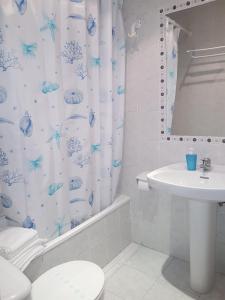 baño con lavabo y cortina de ducha en Pensión El Camarote, en Cudillero