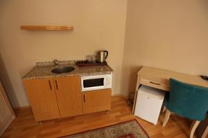 a kitchen with a stove top oven and a microwave at Hotel Tashkonak Istanbul in Istanbul