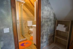 a small bathroom with a shower and a toilet at Apartmani Restoran Durmitor in Žabljak