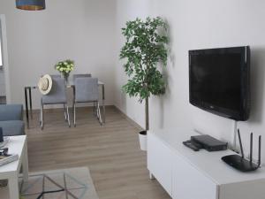 sala de estar con TV de pantalla plana en la pared en Life Apartments Guadalete, en Jerez de la Frontera