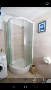 a shower with a glass door in a bathroom at Apartment Luskino 22 in Matulji