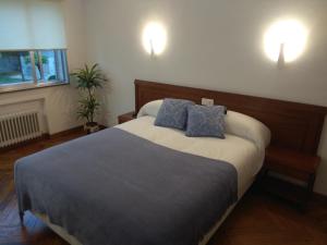a bedroom with a bed with two blue pillows on it at La mesa del cocinero in Lugo +4 photos