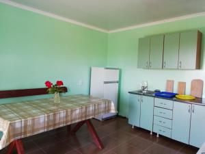 a kitchen with a table and a refrigerator at Білий лебідь in Pulemets