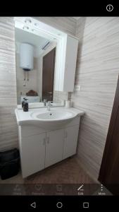 a bathroom with a white sink and a mirror at Apartment Luskino 22 in Matulji