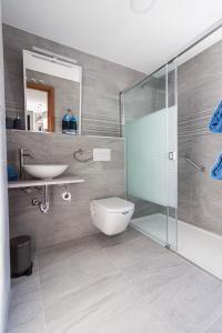 a bathroom with a shower and a toilet and a sink at Apartamento Loft Sopranis in Cádiz