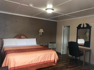 a bedroom with a bed and a chair and a mirror at Hilltop Inn in Franklin +14 photos