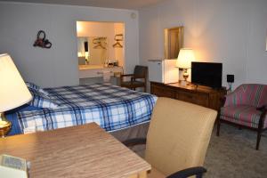 Habitación de hotel con cama, escritorio y silla en Thurman's Lodge en Eureka Springs