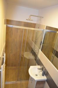 La salle de bains est pourvue d'une douche et d'un lavabo. dans l'établissement Kolorowy Domek, à Kasina Wielka