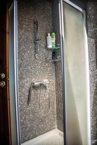 a shower in a bathroom with a glass door at *2 bdr log house /mountains/Queen bed/fireplace in Gourri