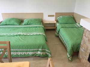 two beds in a room with green comforter at Ubytovani U lišáka FOXE in Bulhary
