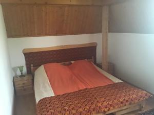 a bed with an orange comforter in a room at Van egy ház a Tisza parton in Tiszaderzs