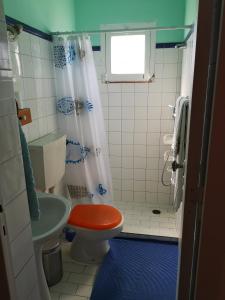 a small bathroom with a toilet and a shower at Herdade Do Pessegueiro in Porto Covo