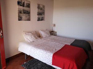 a bedroom with a bed with a red blanket on it at Herdade Do Pessegueiro in Porto Covo