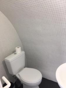 a white toilet sitting in a bathroom next to a wall at Marcos Rooms in Oia