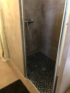 a shower with a glass door with a black floor at Chambre Troglodytique Villa Marie Louise in Rochecorbon