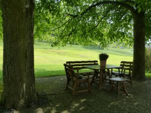 stół i krzesła siedzące pod drzewem w obiekcie Ferienhaus Zur Muehle w mieście Mossautal