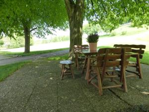una mesa y sillas sentadas bajo un árbol en Ferienhaus Zur Muehle, en Mossautal