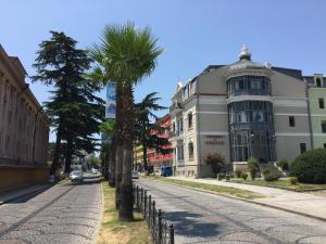 a palm tree on a street in front of a building at Loft Batumi in Batumi