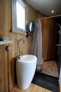 a bathroom with a large tub and a shower at Coup 2 Foudres in Saint-Jean-de-Blaignac