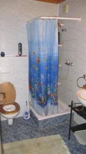 a bathroom with a toilet and a shower curtain at Home to Rent in Bellevue