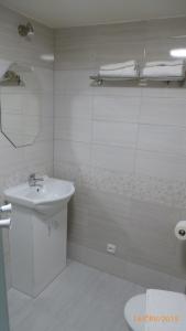 a white bathroom with a sink and a shower at Penzion Sklář in Nový Bor