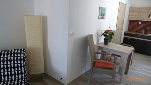 a small kitchen with a table and chairs in a room at Penzion Sklář in Nový Bor