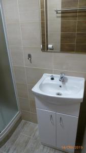 a bathroom with a white sink and a mirror at Penzion Sklář in Nový Bor