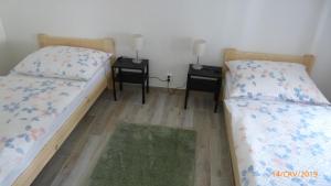 two beds in a room with two night stands at Penzion Sklář in Nový Bor