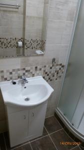 a bathroom with a white sink and a shower at Penzion Sklář in Nový Bor
