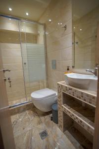 a bathroom with a toilet and a sink and a shower at Akti Alegra Apartment II in Nikiti +18 photos