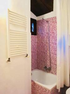 a bathroom with a tub and a shower with pink tiles at Apartamentos Torre Villar in Villar de Vildas