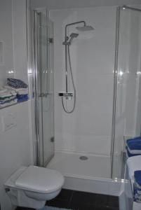 un baño con ducha y WC en gemütliche Zimmer im Einfamilienhaus, en Colonia