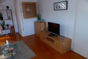 uma sala de estar com televisão num suporte de madeira em Apartment with a view - Daheim am Wasserturm em Wörth am Rhein