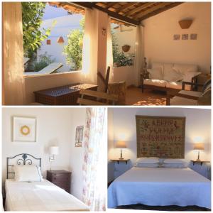 ein Schlafzimmer und ein Wohnzimmer mit einem Bett und einem Fenster in der Unterkunft Casa da Galega in Golegã