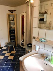 een badkamer met een wastafel en een spiegel bij Ferienwohnung Frankenwald in Naila