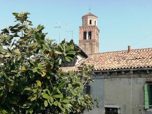 un bâtiment avec une tour d'horloge et un arbre dans l'établissement Cà Mercante di Spezie, à Venise
