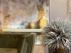 een woonkamer met drie potplanten op een plank bij Boutique Hotel Center in Kecskemét