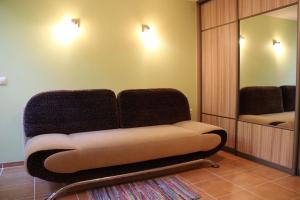 un sofá sentado en una habitación con espejo en Kalnas apartaments, en Juodkrantė