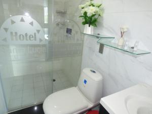 a white bathroom with a toilet and a sink at SUITE SANTA LUCIA HOTEL BOUTIQUE in Sogamoso