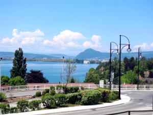 une route avec vue sur une grande étendue d'eau dans l'établissement Hotel Restaurant - Acacias Bellevue, à Veyrier-du-Lac
