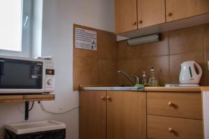 a kitchen with a microwave and a sink at Travellers' Haven in Bled