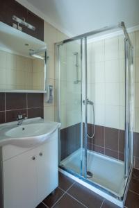 a bathroom with a glass shower and a sink at Kavadias Apartments in Vasiliki
