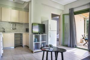 a kitchen with a refrigerator and a table and a tv at Earth Apartment in Katelios