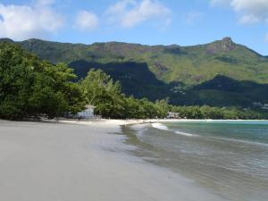 een strand met bomen en water en bergen op de achtergrond bij Panorama Guesthouse Apartments Beau Vallon Beach in Beau Vallon +85 foto's