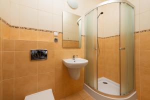 a bathroom with a shower and a sink and a toilet at Willa Daniela II - Chłapowo in Władysławowo