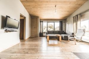 a living room with a couch and a tv at Prieka Pietura in Sigulda