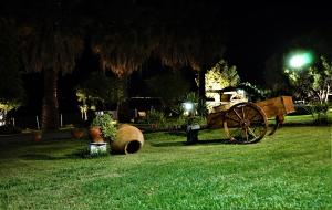 a wooden cart sitting in the grass at night at Pension Karvounoskala in Stratoni