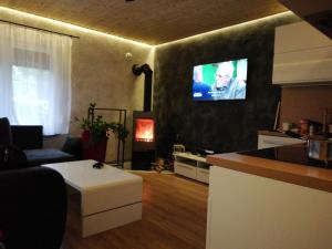 uma sala de estar com uma televisão na parede em OLEK em Turawa