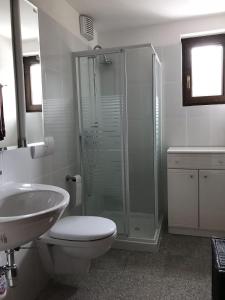 ein Bad mit einer Dusche, einem WC und einem Waschbecken in der Unterkunft Appartamenti Panorama in San Bernardino