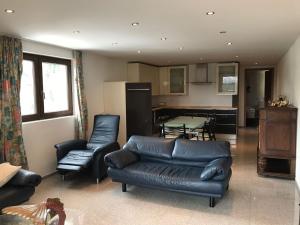 ein Wohnzimmer mit einem Sofa und Stühlen sowie eine Küche in der Unterkunft Appartamenti Panorama in San Bernardino